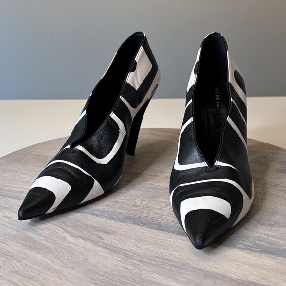 CELINE Paris Black White Graphic Leather Cone Heel Pumps Size 37 Made in Italy - Picture 3 of 14
